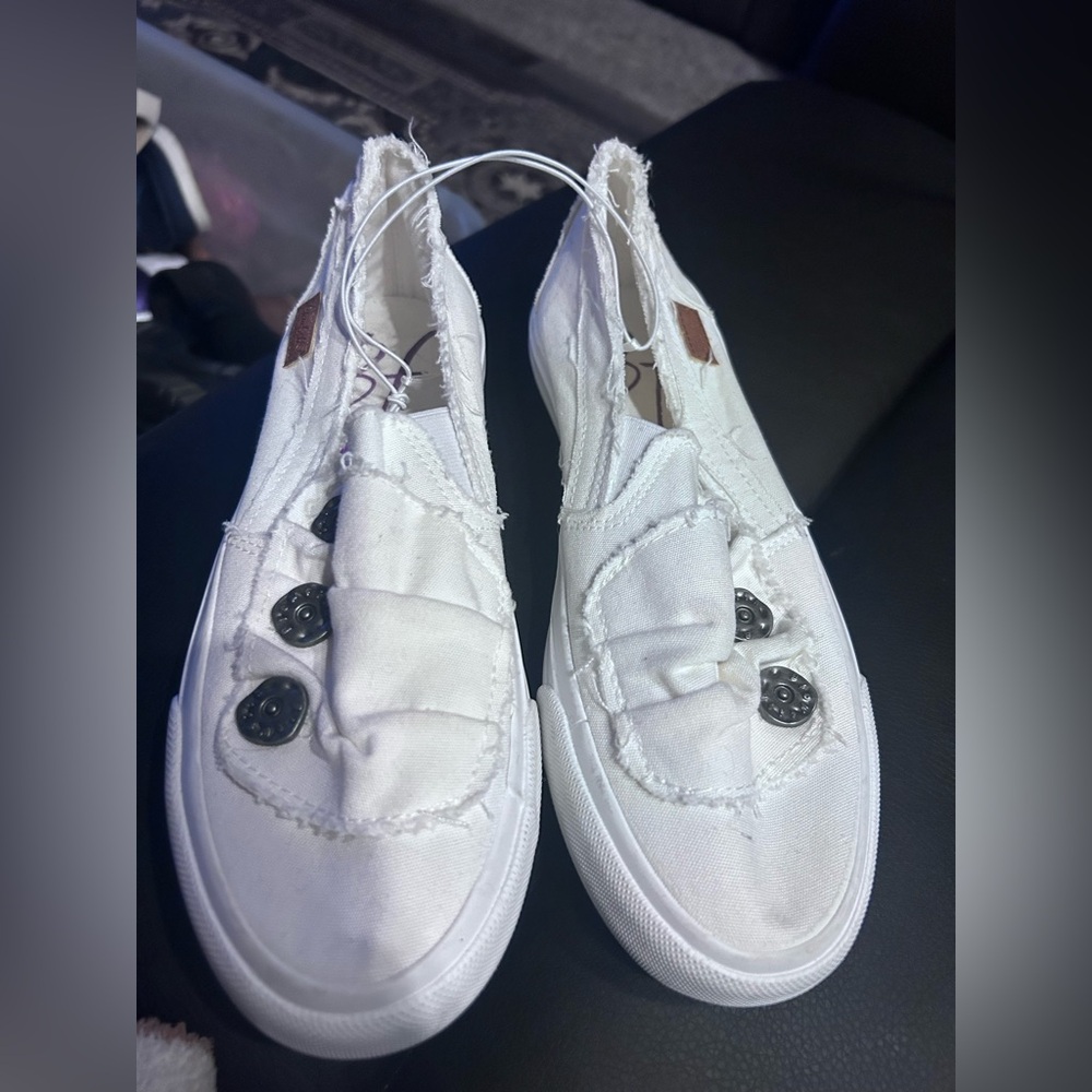 White Canvas Slip-On Blow Fish Sneakers with Button Detail
